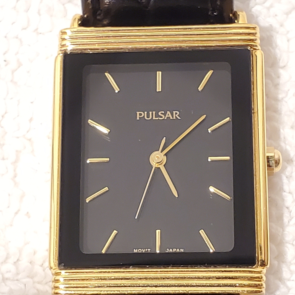 Vintage Pulsar by Seiko Women's Tank Gold Tone Watch Black Dial Leather Strap